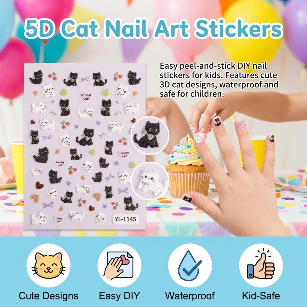 5D Cat Nail Stickers for Kids PVC Waterproof DIY Art view 5