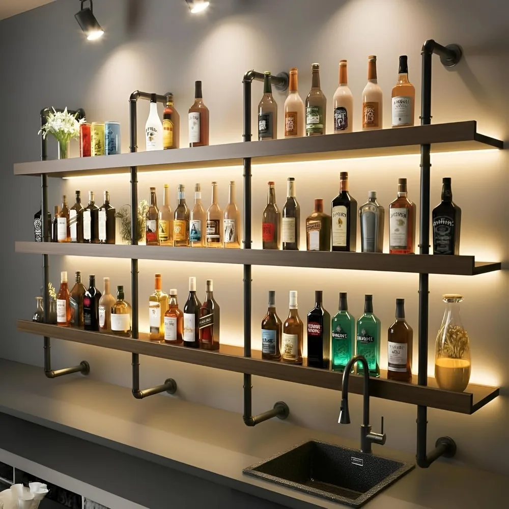 

Современная трехъярусная настенная винная полка со светодиодной подсветкой и полками для витрины для бутылок алкоголя