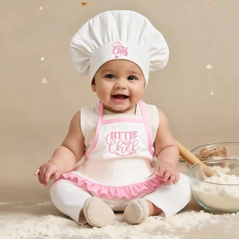2Pcs Embroidered Newborn Photography Clothes Cosplay Newborn Photography Props Aprons Chef Hats Suitable For Taking Pictures