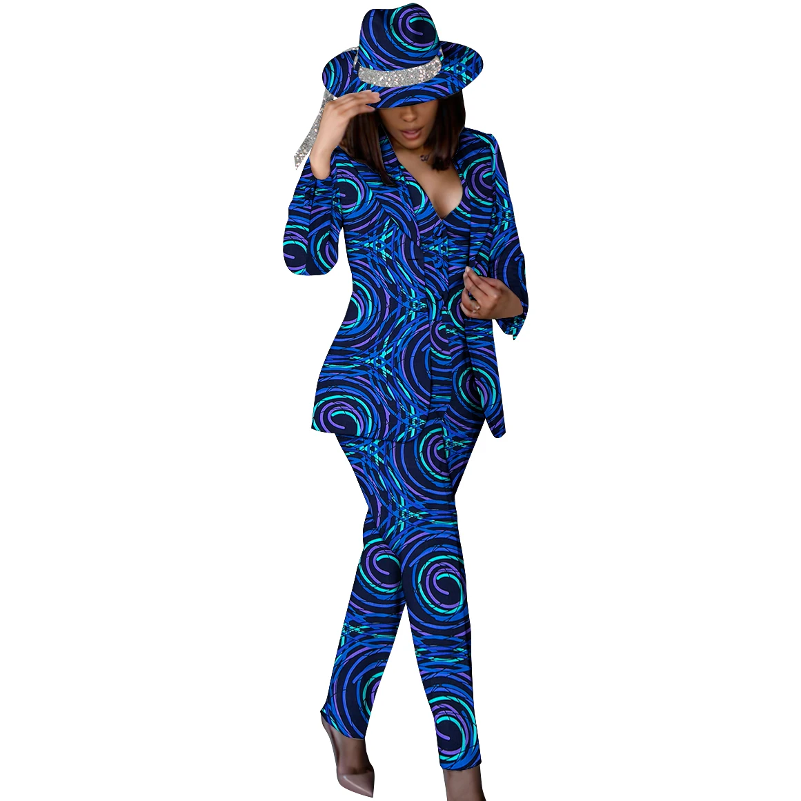 African Outfits for Women African Print Pants and Blazer with Hat Office Suits Set Women African Clothing WY10016