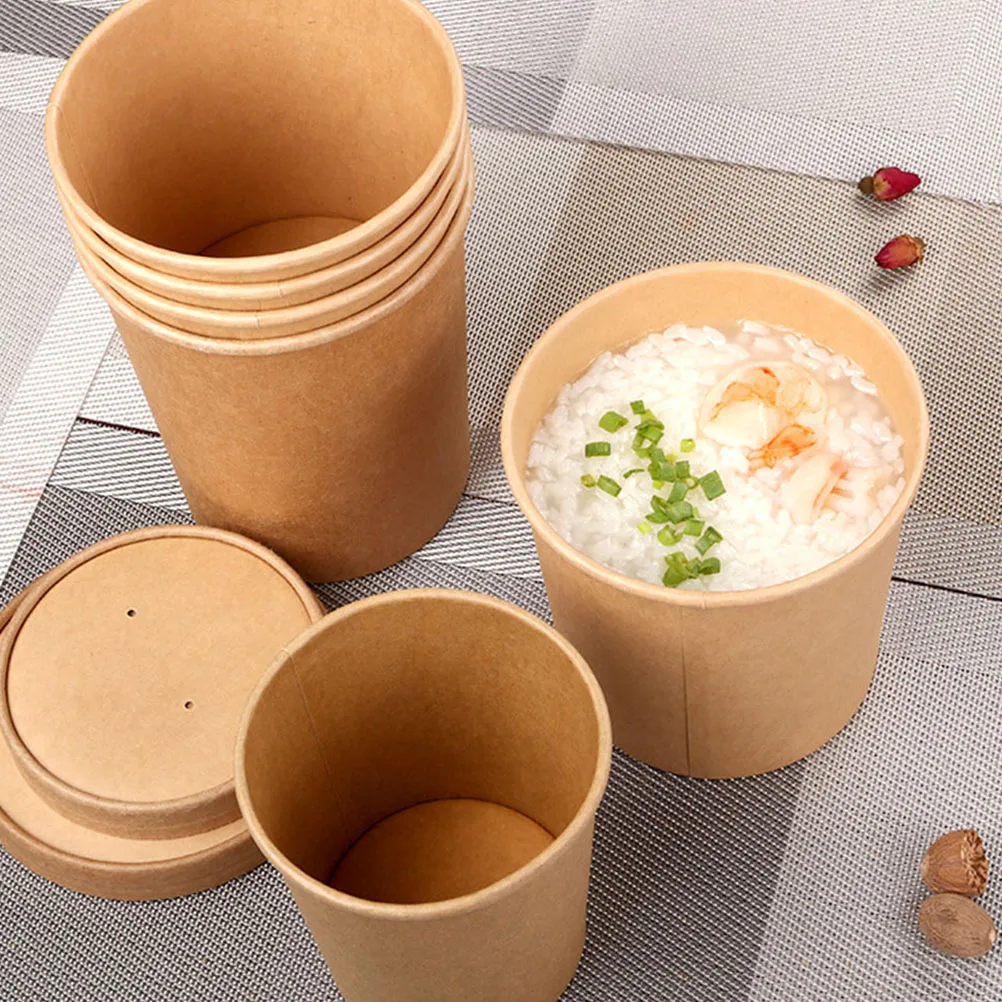 

10Sets Kraft Paper Soup Cups Disposable Soup Holders with Lids Durable Porridge Ice Cream Dessert Containers Porridge Cups