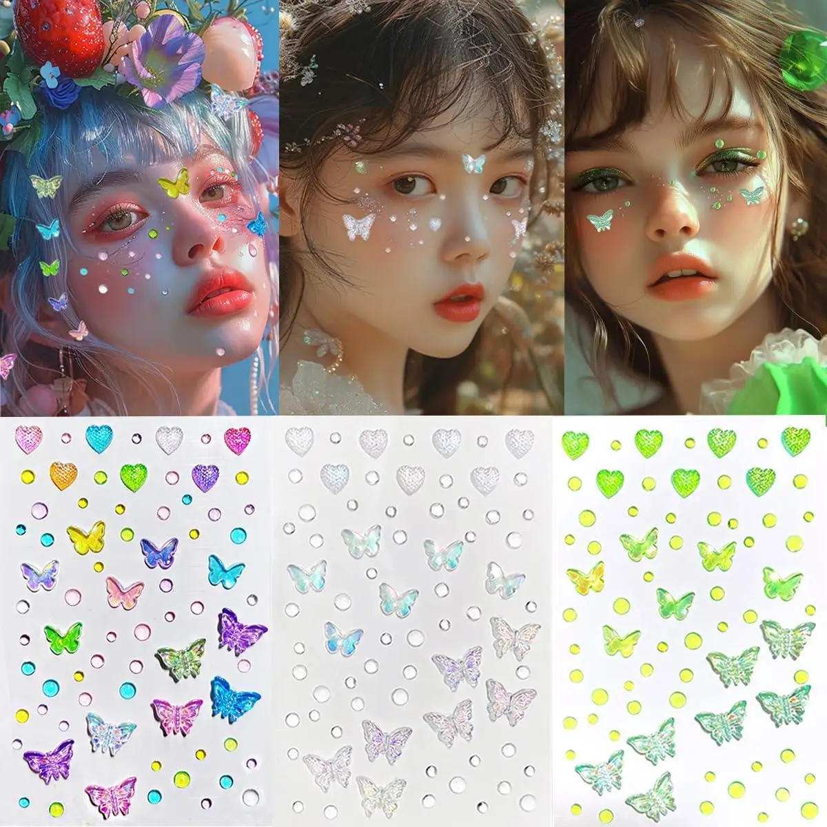 1/3 Packs Butterfly Face Gems Glitter Tattoo for Eye Corner and Forehead Rhinestone Face Jewelry Rave Party Decoration For Women
