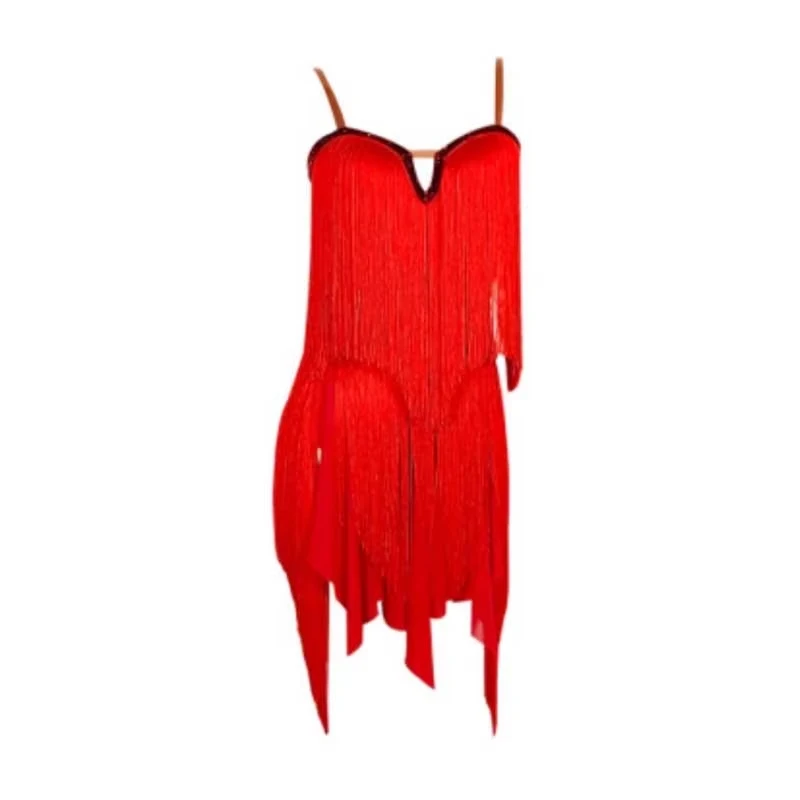 فساتين النساء اللاتينية الرقص هامش مثير الأحمر فستان بكتافة المنافسة اللاتينية أداء المرحلة ارتداء تشا تشا سامبا الرقص الزي 1704