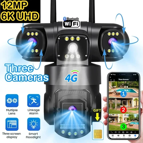 Cámara V380Pro 4G Sim GSM WIFI Cam 12MP 6K tres lentes tres pantallas Monitor visión nocturna seguridad cámara de videovigilancia PTZ