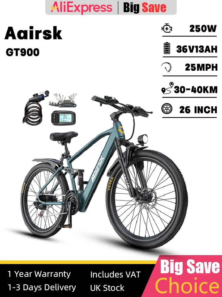 AliExpress Aairsk GT900 Ebike 250W Motor 36V 13AH Battery Electric Bicycle Mountain Off-road Full Suspension Adult Electric Bike