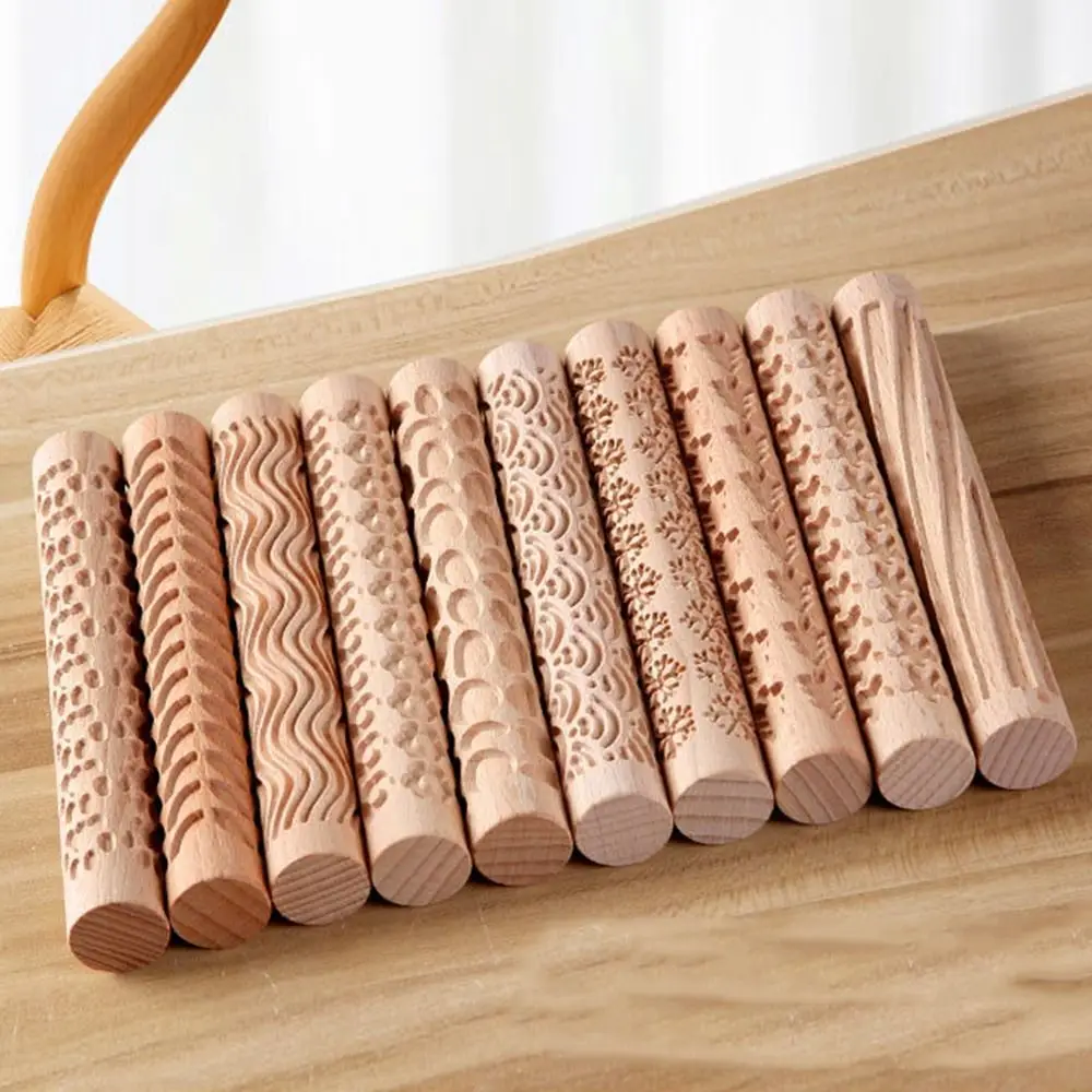 Creative Wooden Pressure Roller 3D Pattern DIY Pottery Art Clay Roller Non-Stick Household Embossed Rolling Pin Art Supplies