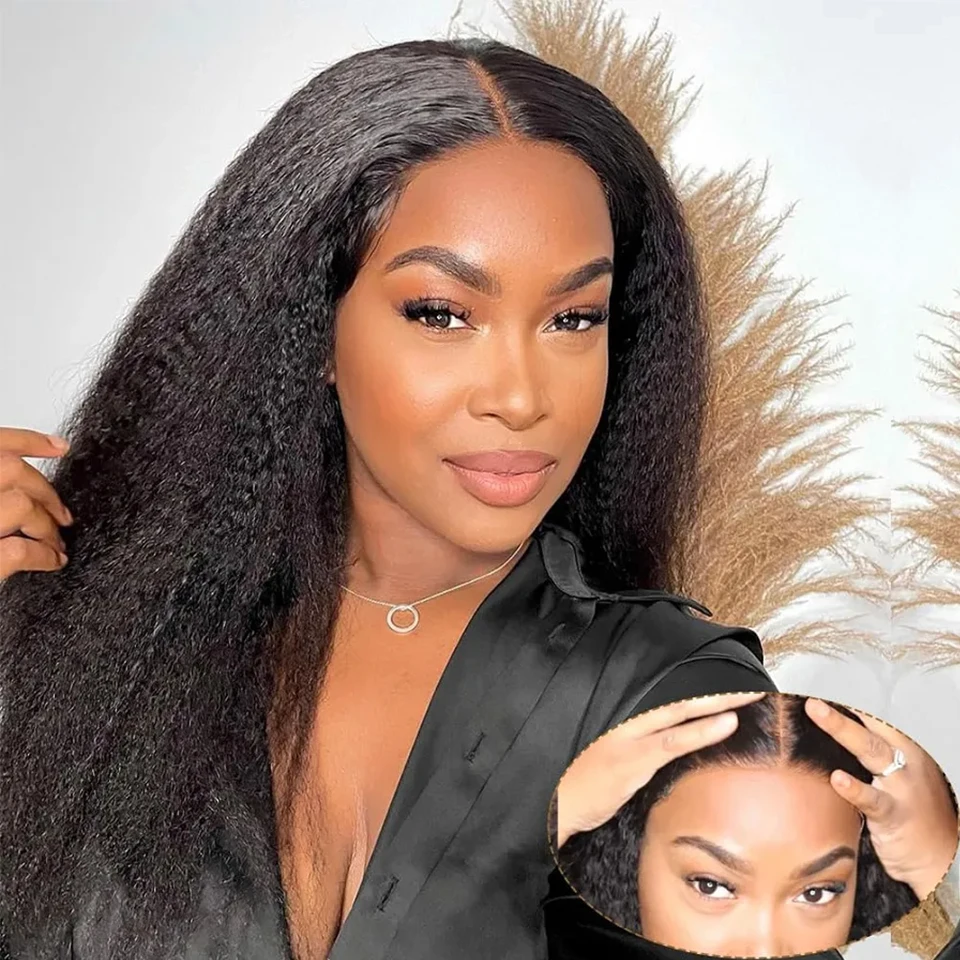 Kinky Straight 4x4 Transparent Lace Closure Human Hair Wig Glueless Wear And Go Yaki Straight Remy Human Hair Wigs For Women