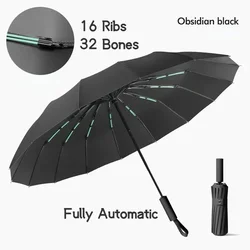 16K 16 Ribs 32 Bones Strong Windproof Automatic Sun Rain Folding Umbrella Vinyl Cover UV Protector Black Sunscreen for Women Men