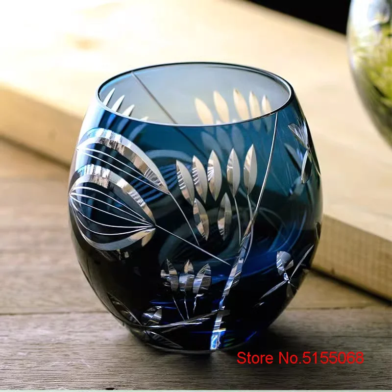 Japanese Exquisite Engraving Flowers Edo Kiriko Wine Glass Art Whiskey Glass Big Belly Whisky Tumbler Drink Cup Wooden Gift Box