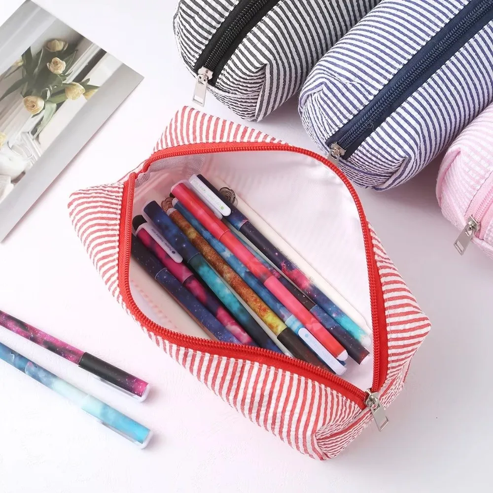 Stripe Pattern Pen Pouch Multi-Purpose Zipper Closure Pencil Case Durable Large Capacity Stationery Storage Bag School Supplies