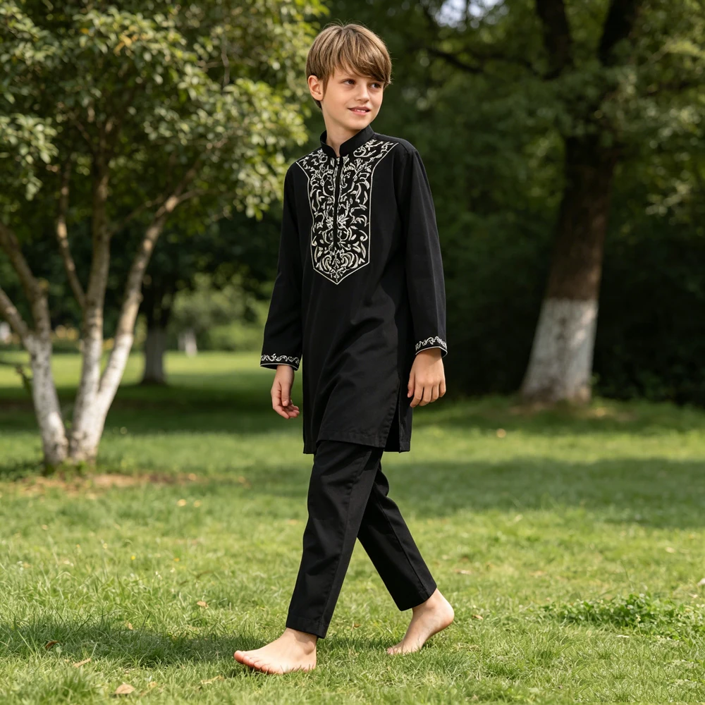 

2PCS Eid Muslim Kids Boys Outfits Embroidery Tops And Pants Turkey Kaftan Jubba Thobe Arabic Robe Dishdasha Traditional Islam