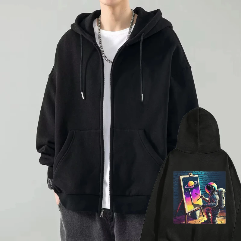 

Men's Hooded Jacket Black Astronaut Space Painting Print Casual Streetwear Hoodie for Daily Wear and Outdoor Activities