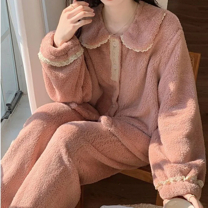 Pajama Woman Winter Autumn Ladies Flannel 2 Pieces Set Long-sleeved Turndown CollarThickened Padded Cute Girls Homewear Suit