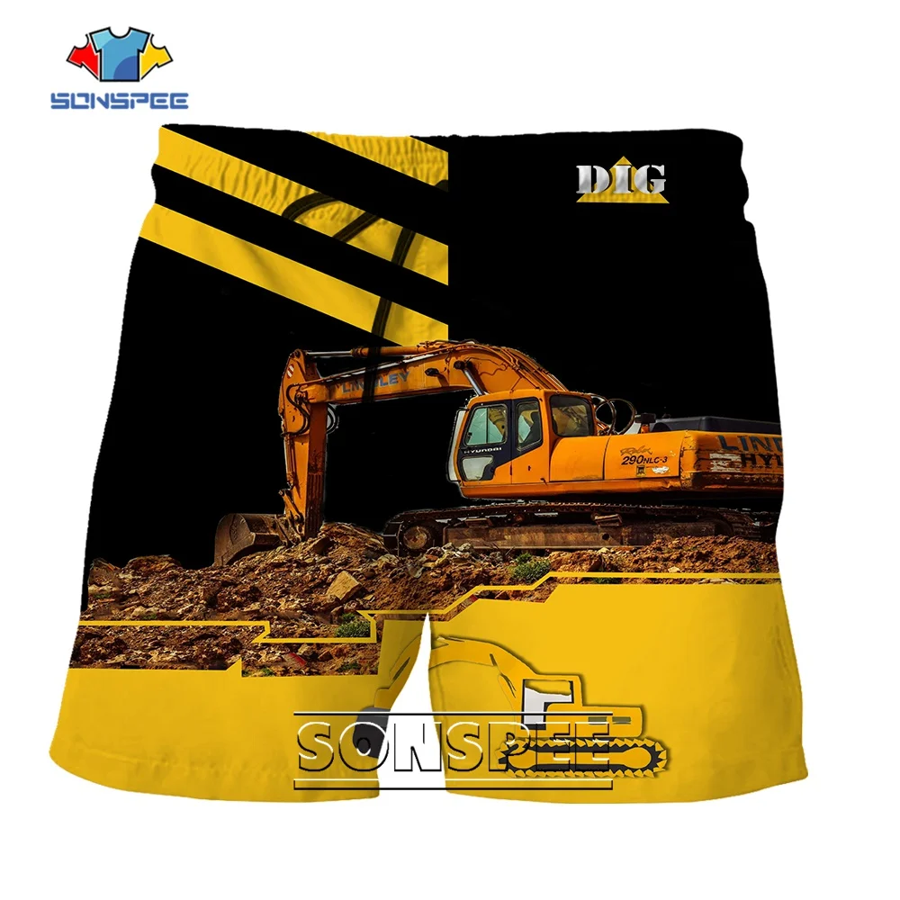 SONSPEE Yellow Excavator Graphic 3D Print Shorts Summer  Street Style Clothing Men Women Beach Hip Hop Oversize Punk Short Pants