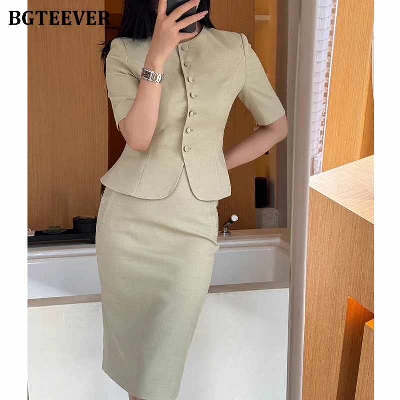 BGTEEVER Elegant Slim Ladies 2 Pieces Blazer Set Short Sleeve Single-breasted Jackets Women High Waist Package Hip Skirts