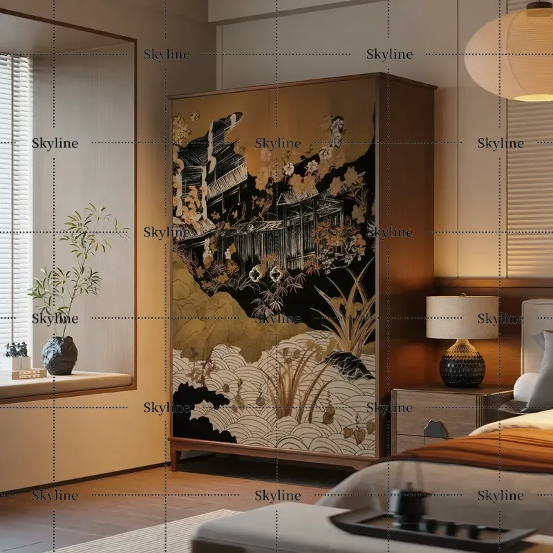 Medieval Style Pure Solid Wood Door Wardrobe Decoration Art Pattern New Chinese Retro Style Bedroom Locker Wardrobe