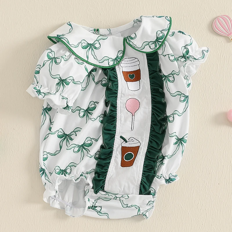 طفل رضيع فتاة الصيف رومبير القوس طباعة قصيرة نفخة الأكمام دمية طوق فقاعة بذلة