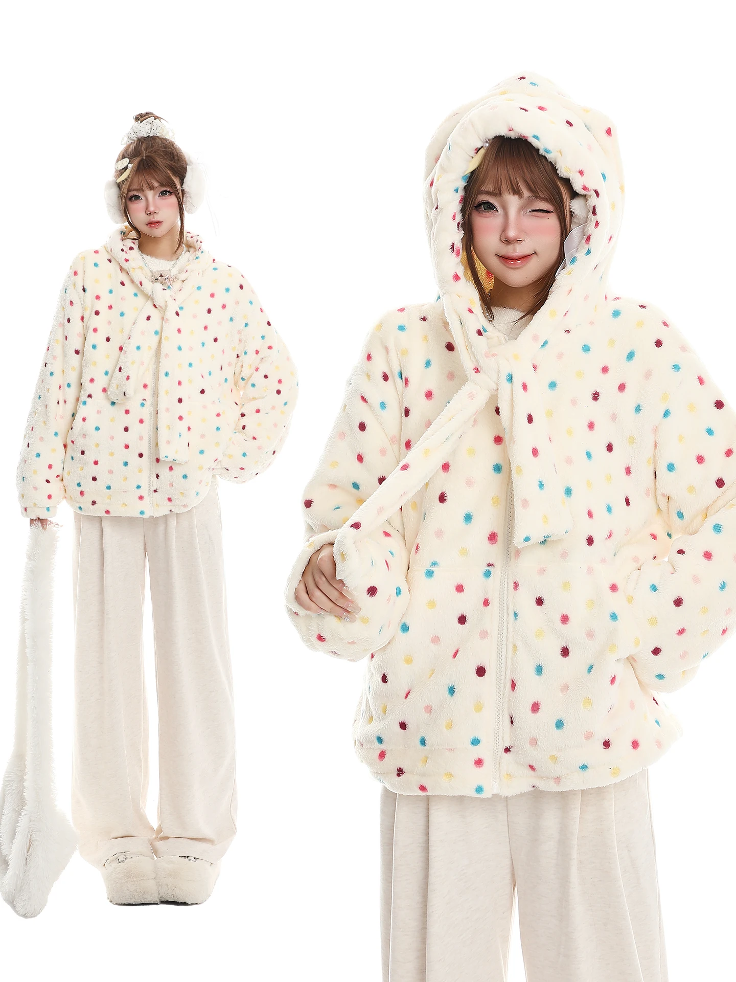 

Korean Sle Soft Polka Dot Cotton Jaet Women's Winter Sweet Anti-Aging Loose Warm Hooded Lamb Fur Coat