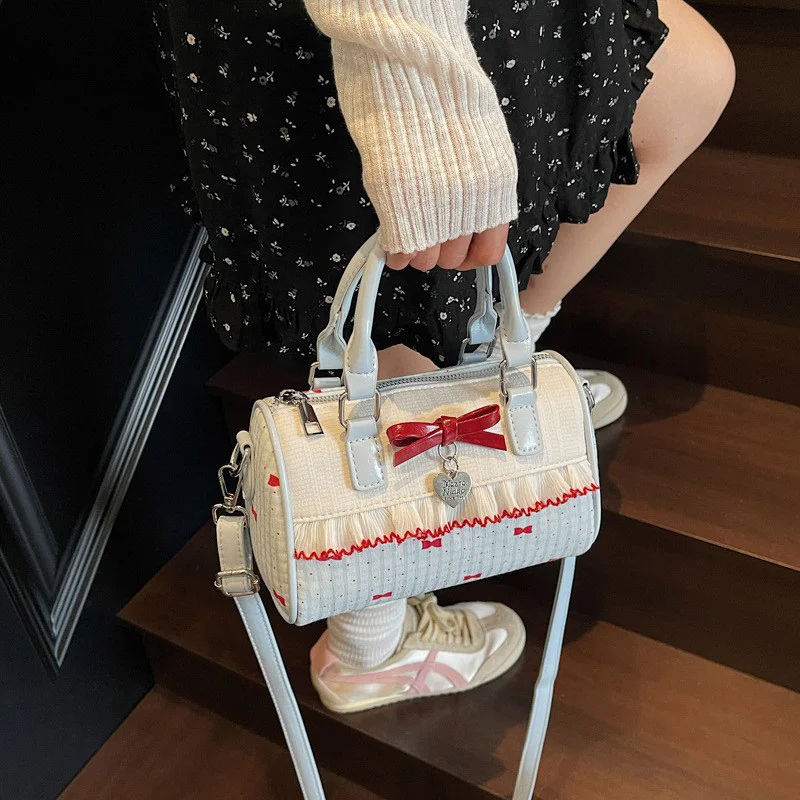 Koreanische Bogen Polka Dot Tasche Mode Bowler Tasche Farbe-blockiert Spitze Y2k Stil Handtasche Retro Süße Plaid Crossbody Zipper schulter Tasche – Detail 27