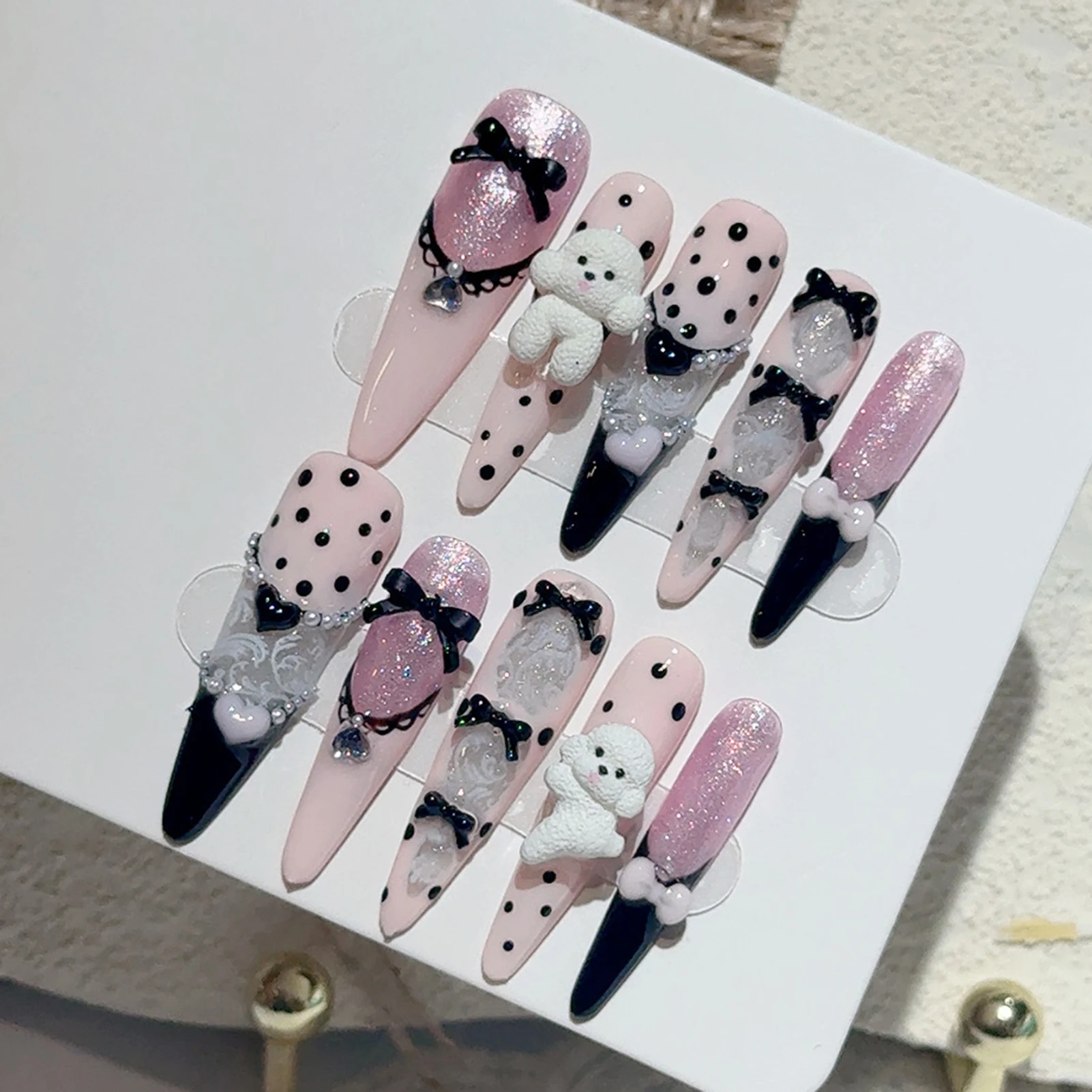 10 pièces dentelle noire à pois Ballet français presse sur ongles faux ongles pour femmes bricolage Nail Art cadeau pour fête mariage Halloween