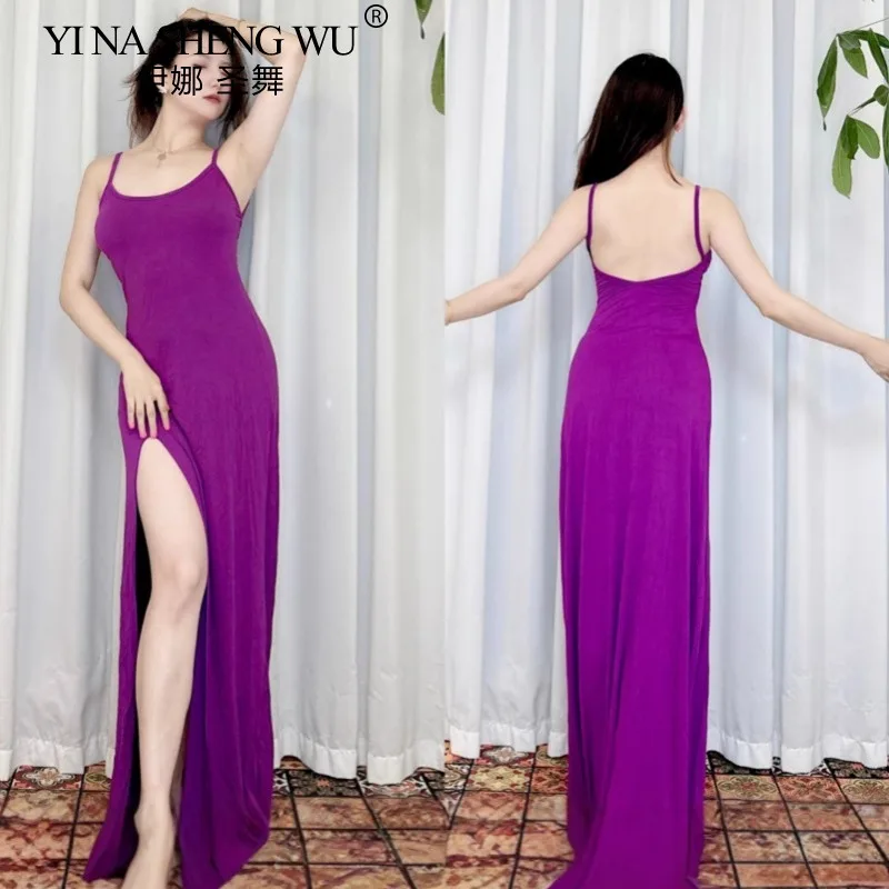 2025 novas mulheres roupa de prática de dança do ventre sexy sem costas estilingue vestido fino dança oriental wear para desempenho de treinamento de palco