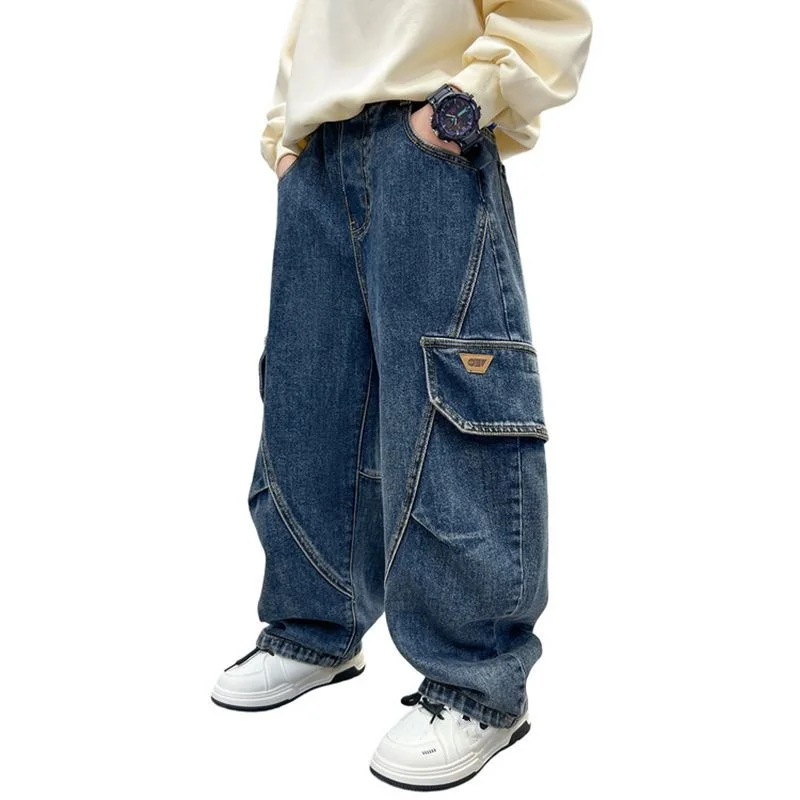 Teen Boys Jeans Spring Fall Children's Trousers Loose Fashion Cartoon Ripped Hole Toddler Korean Kids Casual Denim Pants 5-14 Y