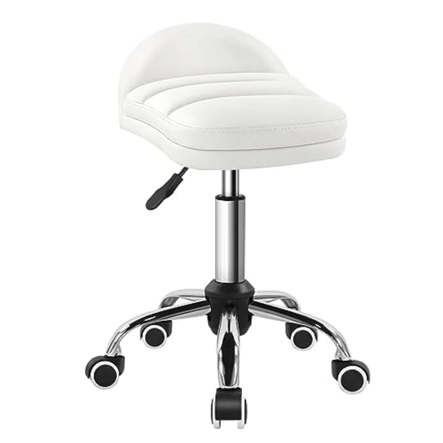 

White Rolling Stool Chair with Wheel for Home Work SPA Massage Height-Adjustable and Cost-Effective Swivel Stool with Low Back