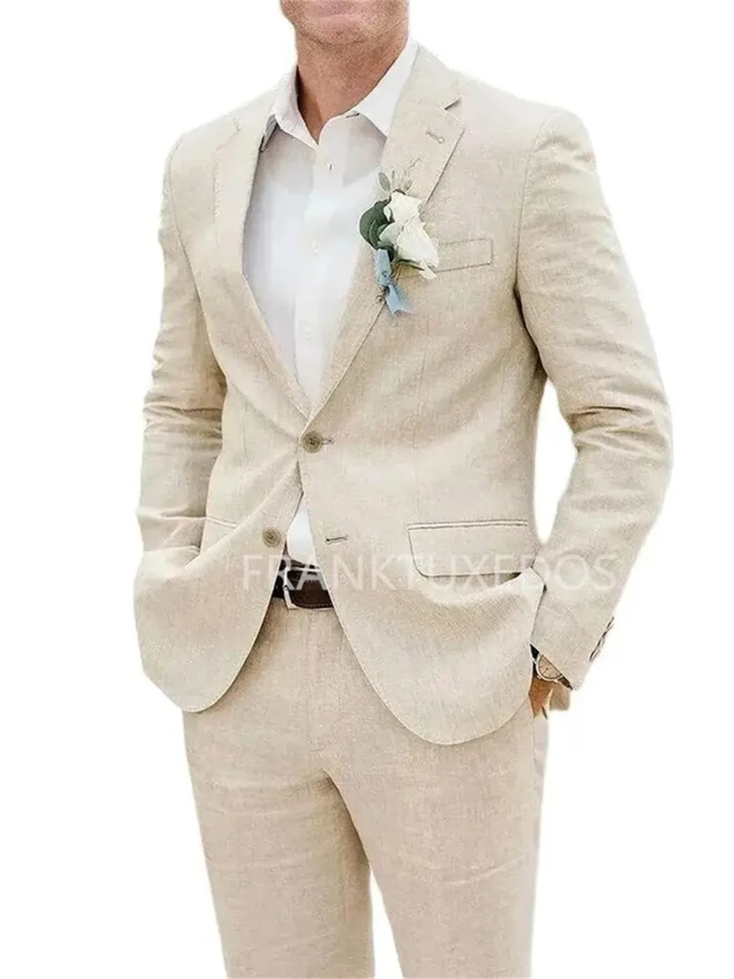 2 Pieces Beige Linen Men Wedding Tuxedos Slim Fit Men Suits Notched Lapel Two Buttons Jacket with Pants Casual Set for Summer