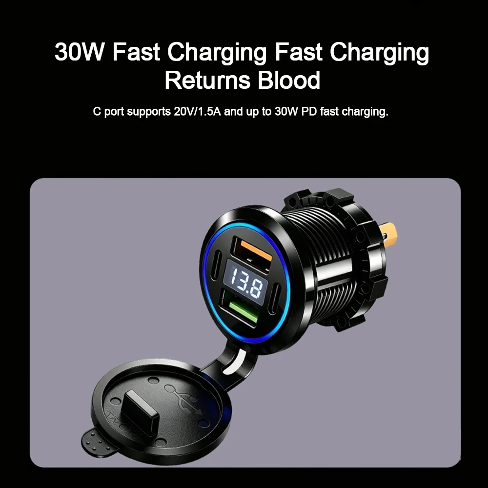 83W Auto-Ladegerät Schnellladestation Dual USB+Typ-C PD30W Anschluss Telefon-Stromadapter mit Voltmeter für Motorrad LKW Boot – Detail 5