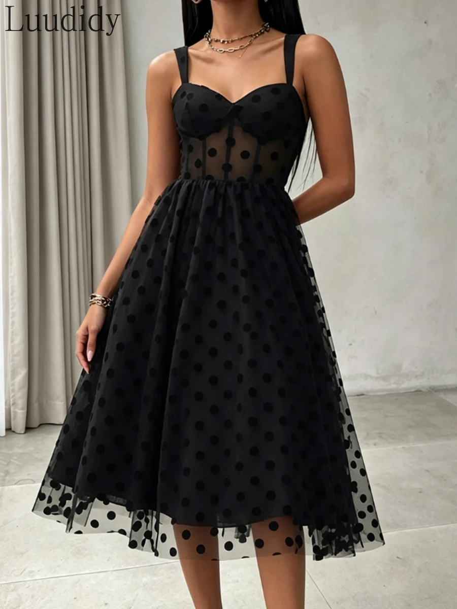 

Women Spaghetti Strap Backless Dot Mesh Prom Dress