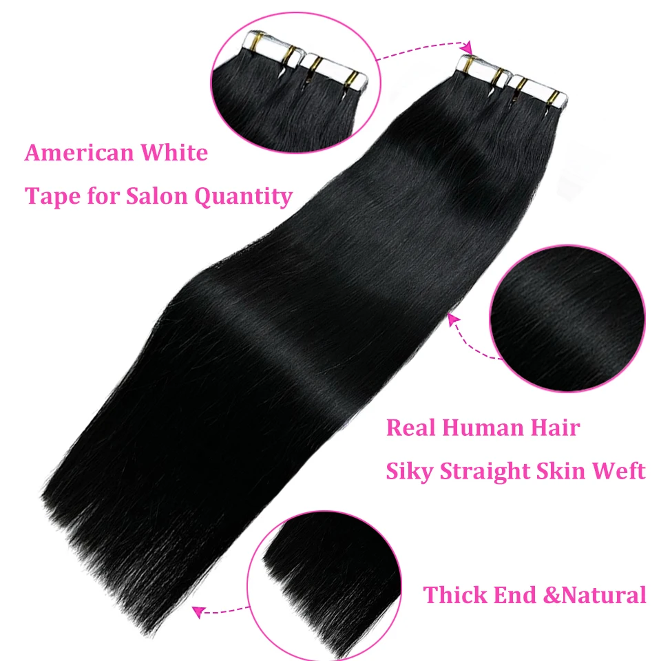 Tape In Brazilian Human Hair Straight Extensions 14-26inches Skin Weft Adhesive Glue 100% Real Remy Human Hair On Salon Quality