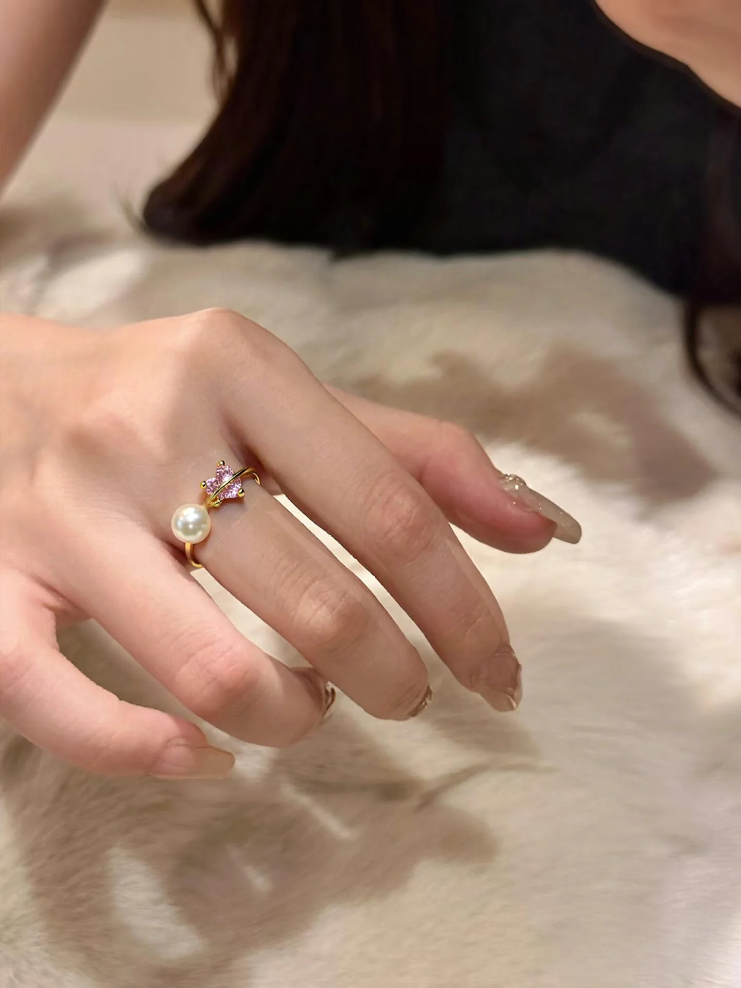 Natural Freshwater Pearl Opening Ring Fashionable And Simple Pink Heart-Shaped Zircon Ring Exquisite Craftsmanship Daily Wear