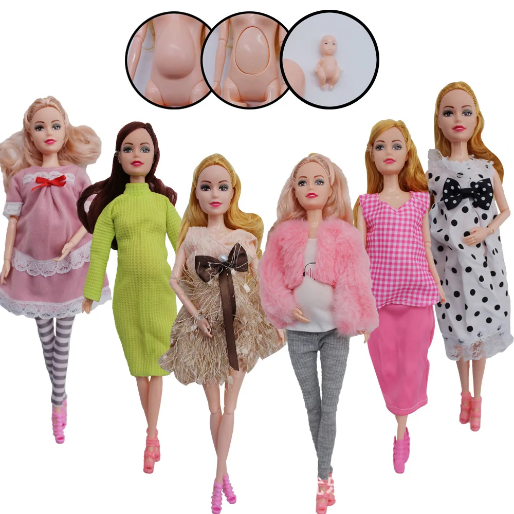 Educational Toy Pregnant Dolls for Children with Two Babies and Random Shoes Accessories Fashion Clothes Gift for Barbiess Games