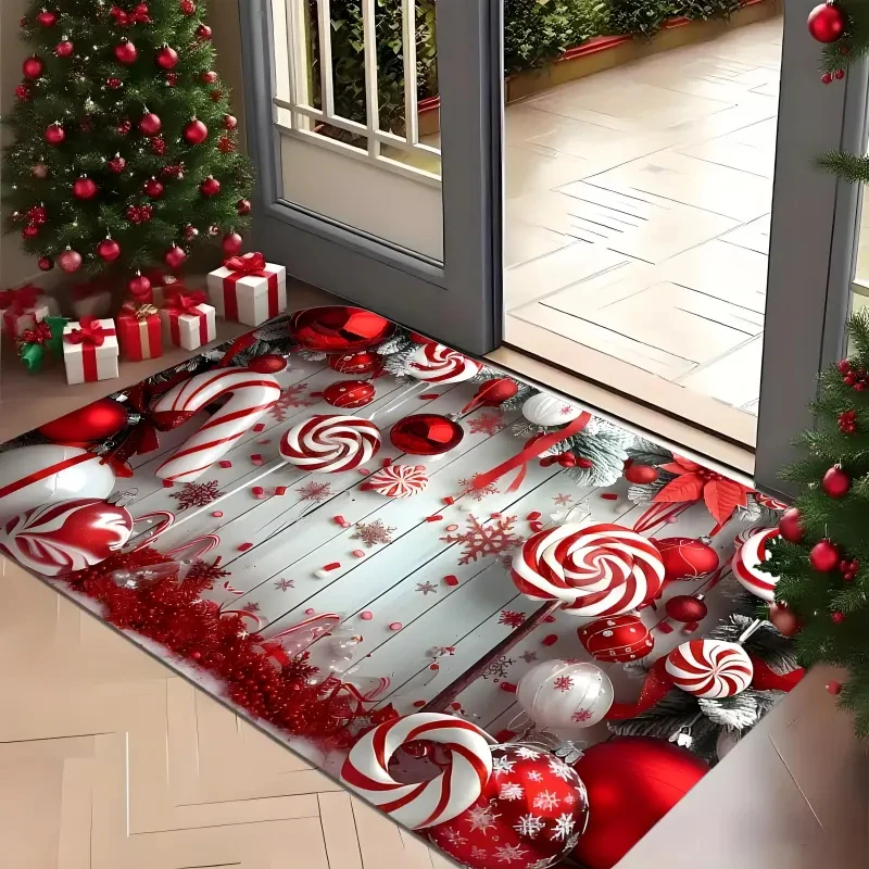 Red And White Candy Crutches With Gingerbread Christmas Doormat Soft Plush Front Door Kitchen Living Room Holiday Home Rug