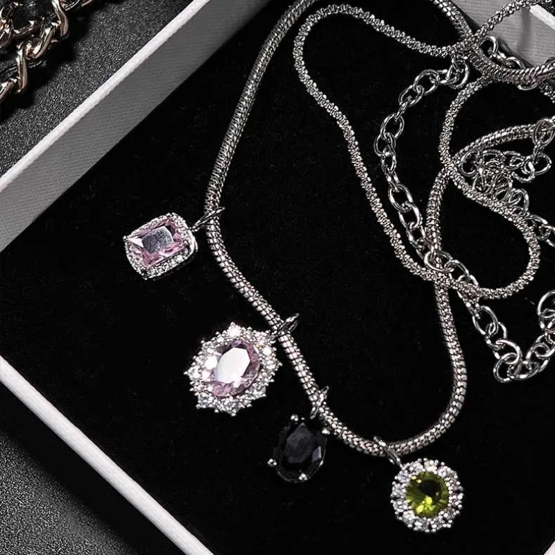 Exquisite silver 925 trendy colorful gemstone necklace for women multi layered collar chain sparkling wedding fine jewelry