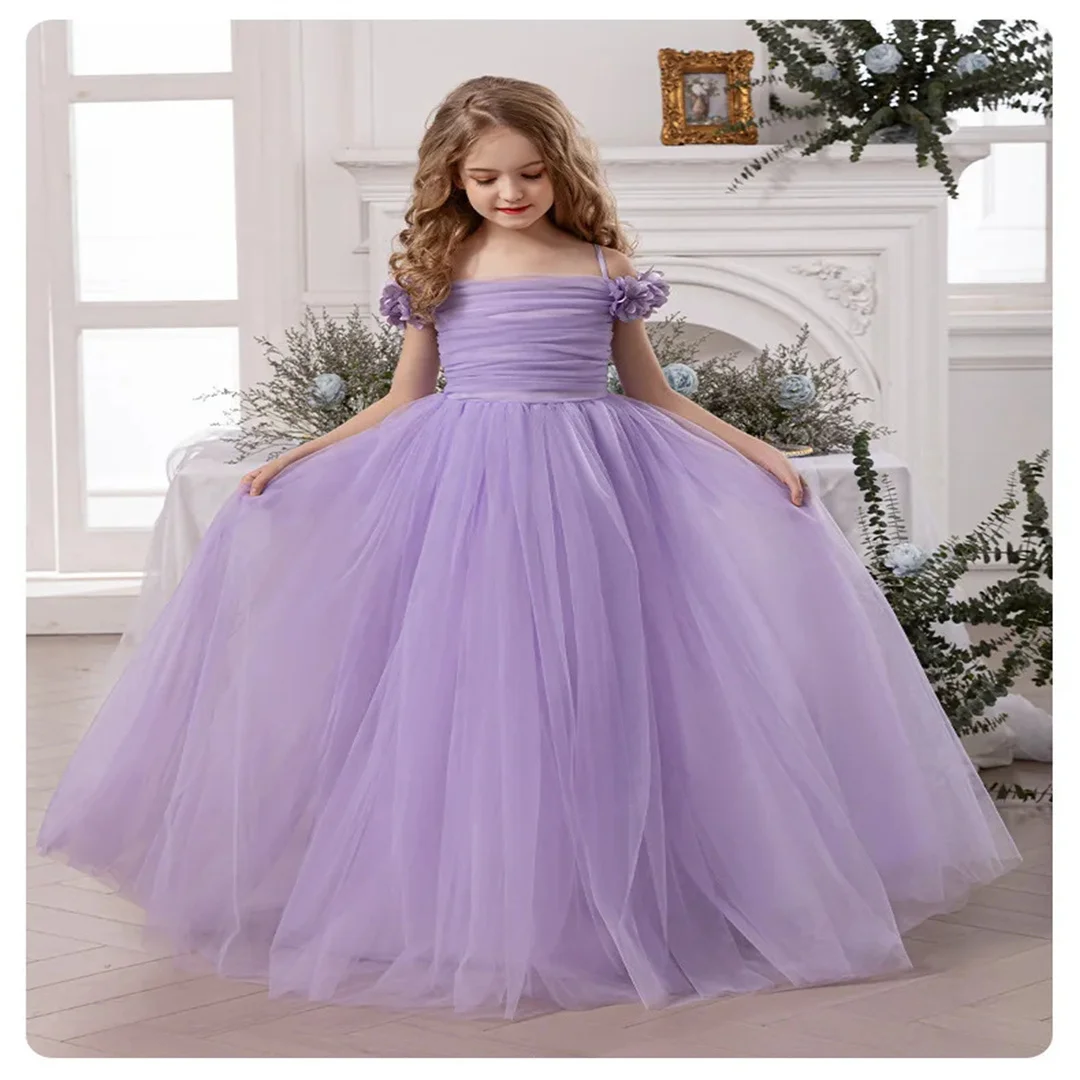 

Communion Lace Flower Girl Dress Summer Girls' Purple Fluffy Skirt Birthday Party Skirt Children's Clothing Mesh Breathable