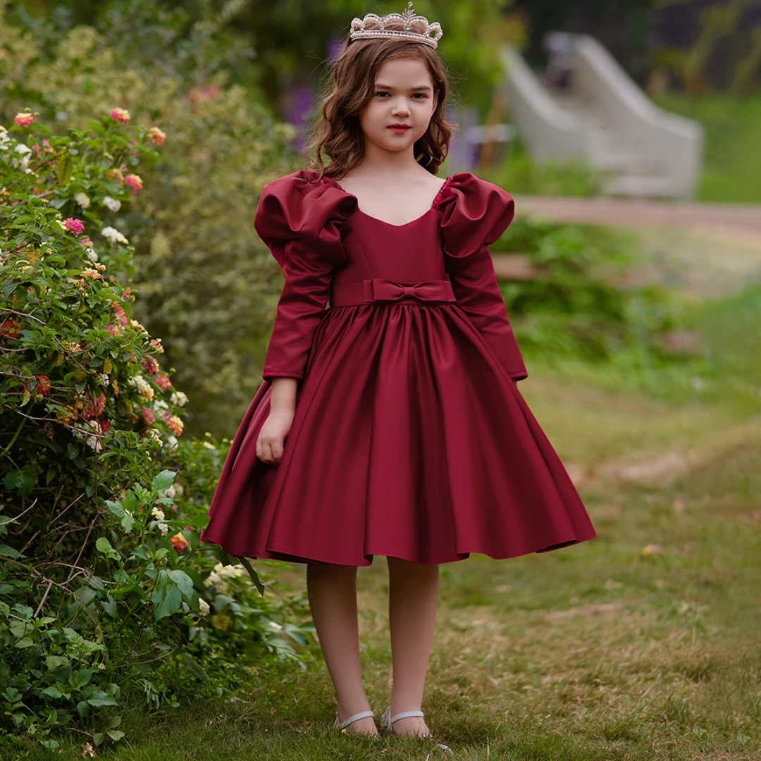 Customized Flower Girl Dress Red Satin With Bow Long Sleeve For Wedding Birthday Party Prom Evening Banquet Princess Gown