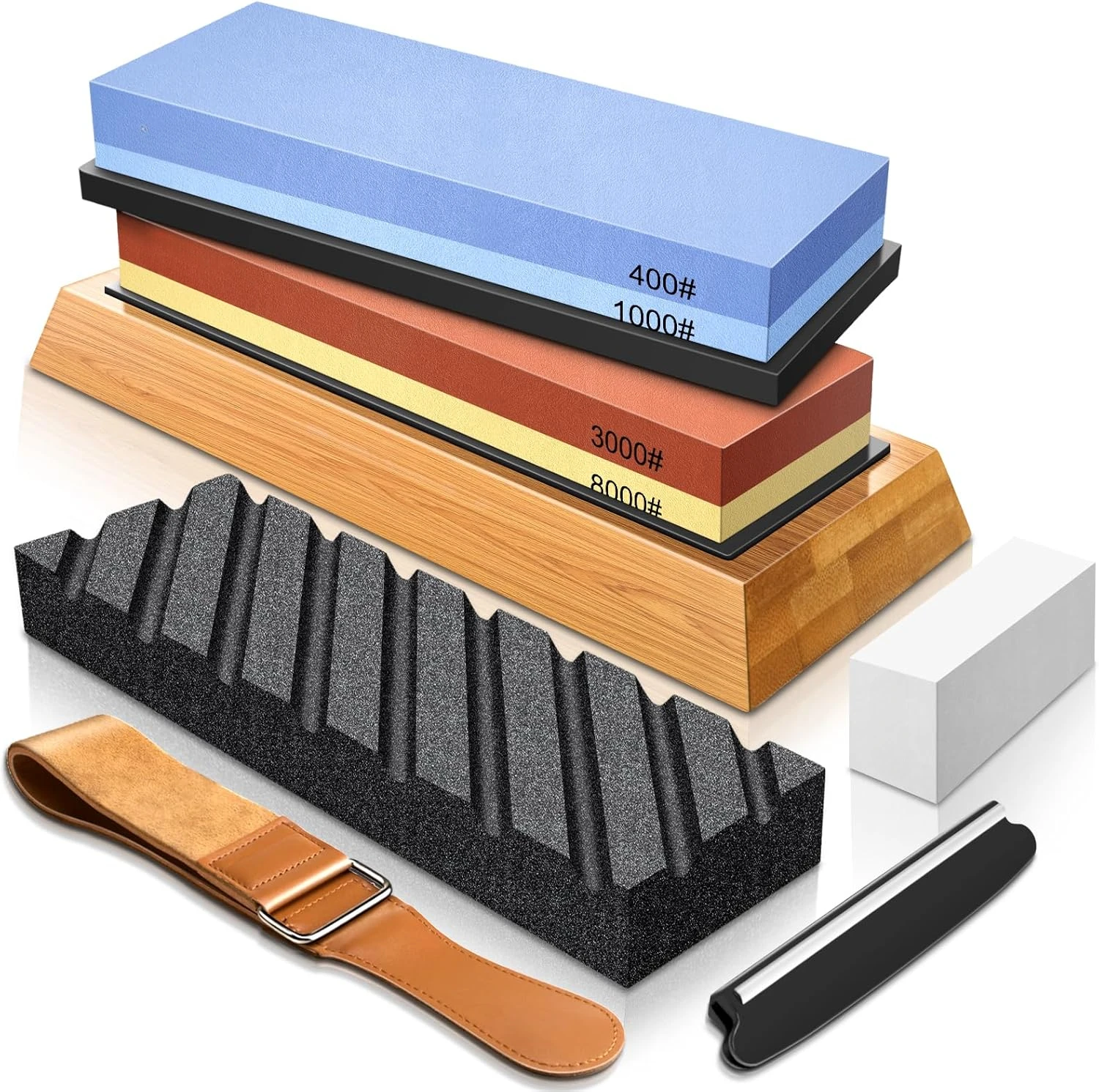 

Complete Knife Sharpening Stone Set – Dual Grit Whetstone 400/1000 3000/8000 Knife Sharpener with Leather Strop, Fla