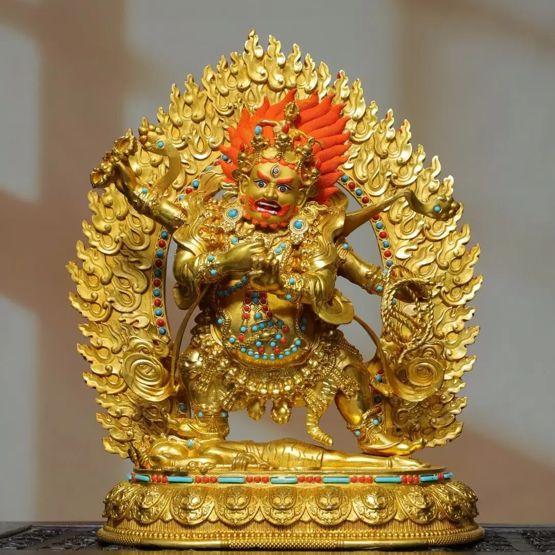 Antique Buddhism Six‑Arm Mahakala Statue Tibetan Tantric Dharma Protector Buddha Sculpture Altar Worship Decor