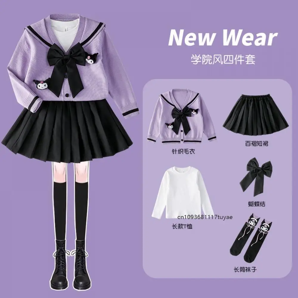 Kawaii Spring New Kuromi Children Jk Set Anime Sanrio Y2K Kawaii Doll Collar Cardigan Shirt Pleated Skirt College Style Sweater