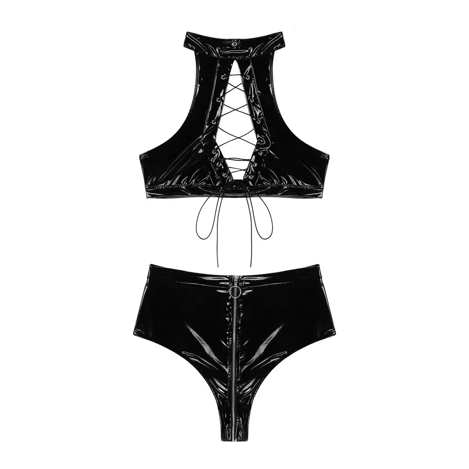 مثير أسود لامعة بولي اللاتكس ملابس داخلية نسائية من الجلد مجموعة المرأة رفع البرازيلي مشد ولباس داخلي اثنين 2 قطعة مجموعات نادي حفلة Hotsweet زي