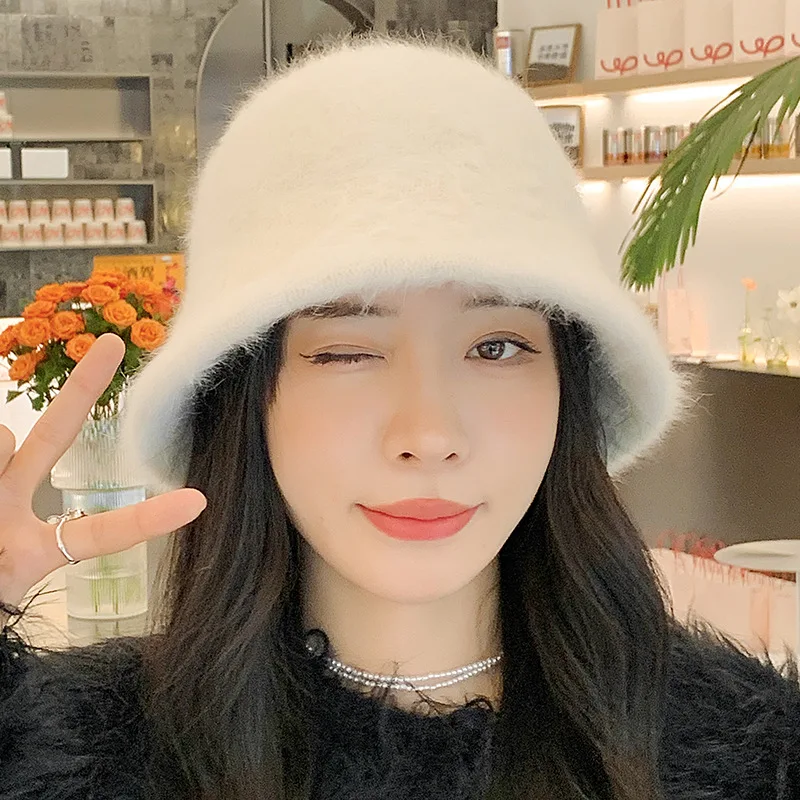 New Fashion Artificial Rabbit Fur Bucket Hat Women Autumn Winter Warm Thickened Fisherman Hat Panama Plush Basin Hat Lady Cap