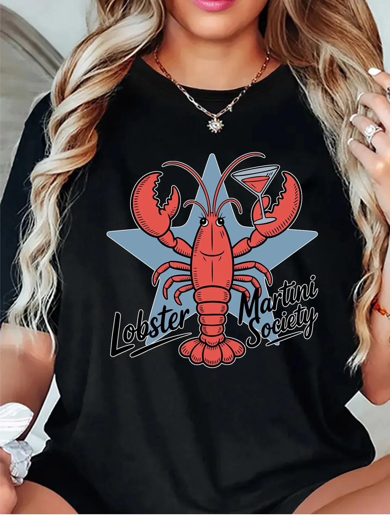 Lobster Martini Society Star Cartoon Seafood Graphic Womens T Shirt Short Sleeve Crew Neck Funny Party Casual Ladies Tee Tops