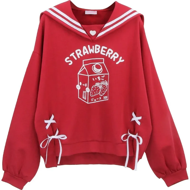 Red Lolita Sweet Sweatshirt Japanese Kawaii Strawberry Cat Graphic Pullover Women Cute Lace Up Female Cute Anime Hoodies Y2k