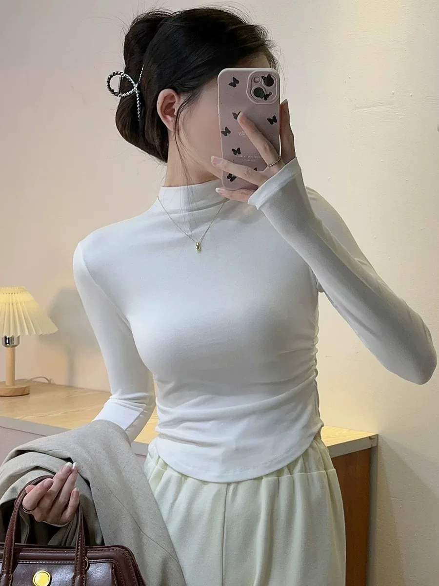 

plus Size Women's Long Sleeve Fleece Lined Slim Fit Base Shirt Half High Collar T-Shirt Inner Wear Top for Autumn Season