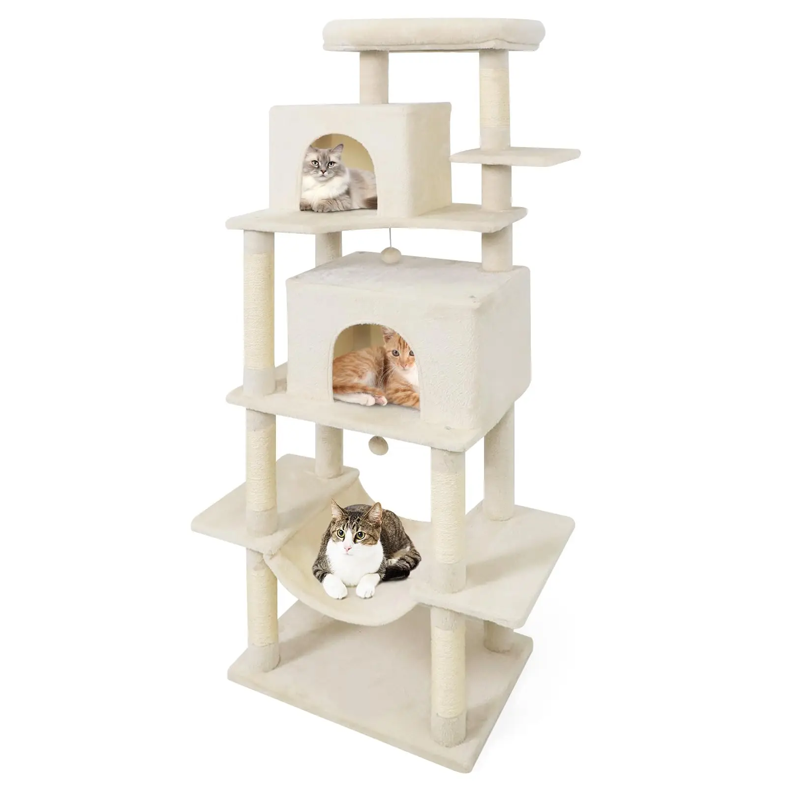 70 Inch Tall Cat Tree, Multi-Level Large Cat Tower with Sisal Scratching Posts, Plush Top Perch, 2 Condos, Hammock, 2