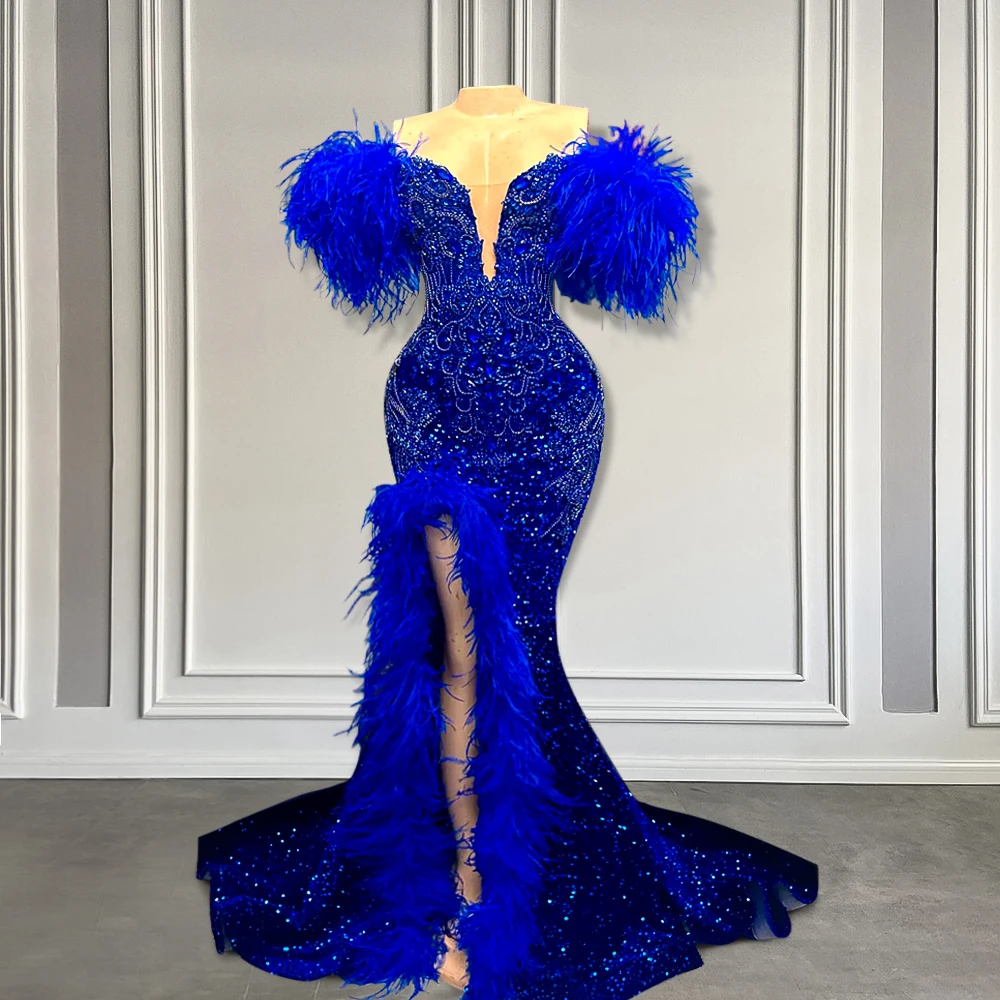 

Luxury Blue Feather Prom Dress with Sparkling Crystal Beads Side Slit Mermaid Gala Gowns Black Girls Birthday Dress Customized