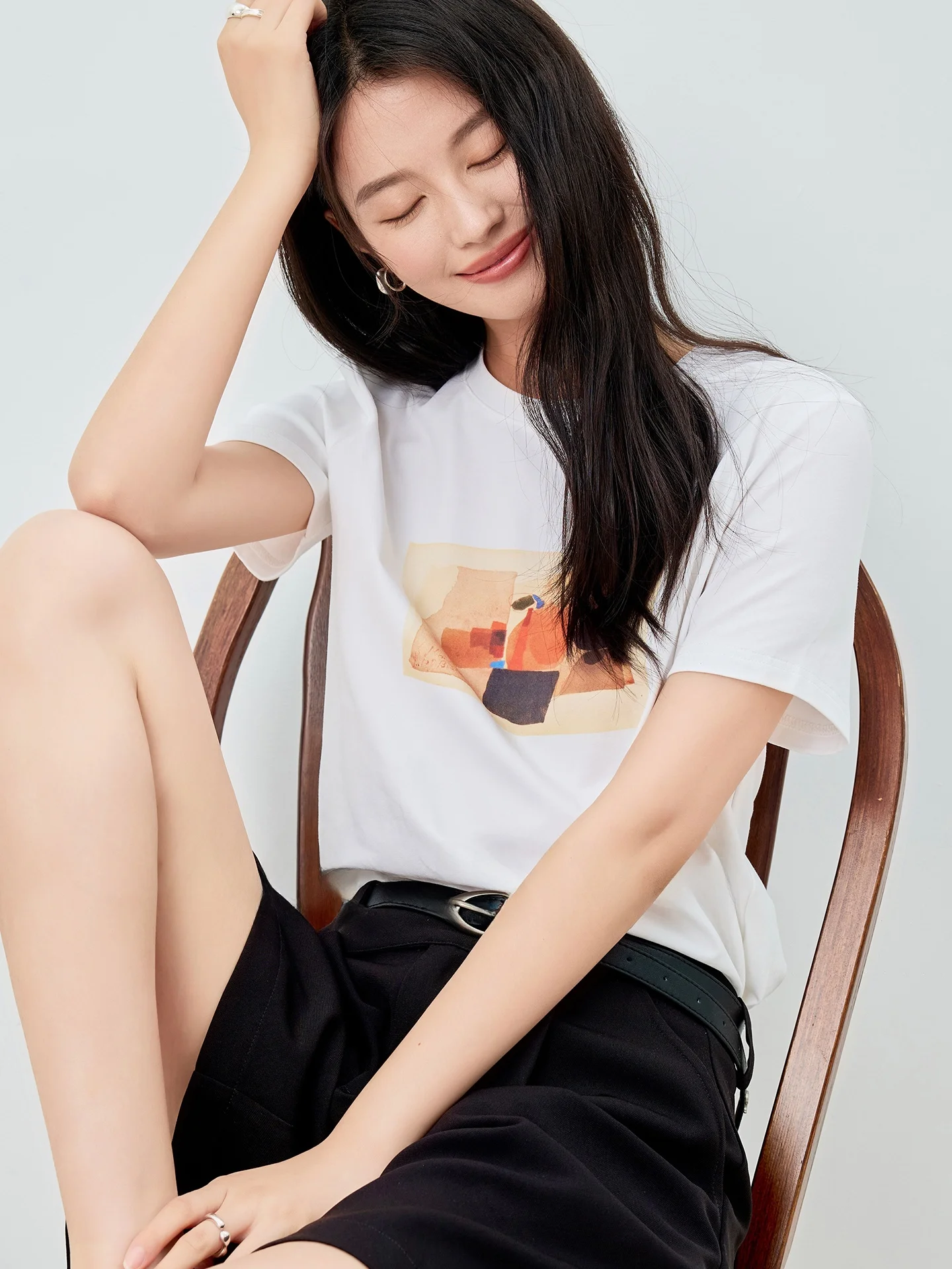 

Fanhxian Women's round Ne ort Sve T-irt White Printed Simple Versatile Summer New Sle Cotton Blend Comfortable Top