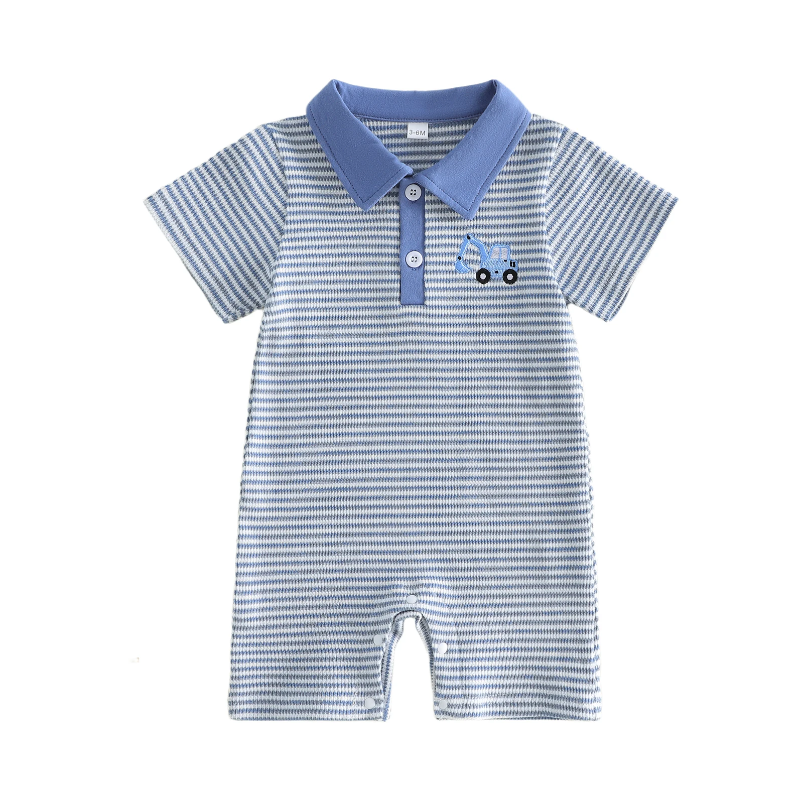 Baby Boy Summer Romper Casual Striped Excavator Tractor Loader Embroidered Button Collared Short Sleeve Jumpsuit