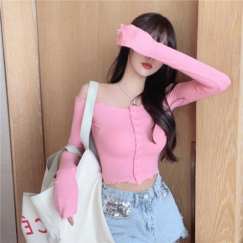 One Neck Sexy Off Shoulder Long Sleeve T-shirt Women's Open Short Top Vintage Clothes for Women Tops Shirts Blouses